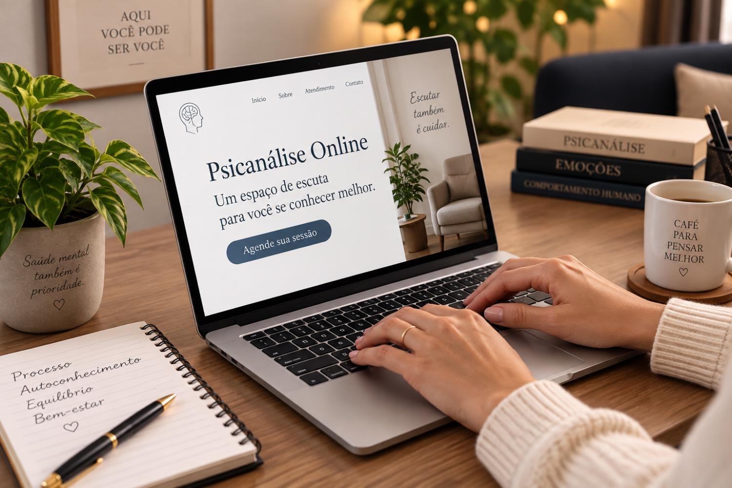 Agendamento de psicanálise online no notebook.