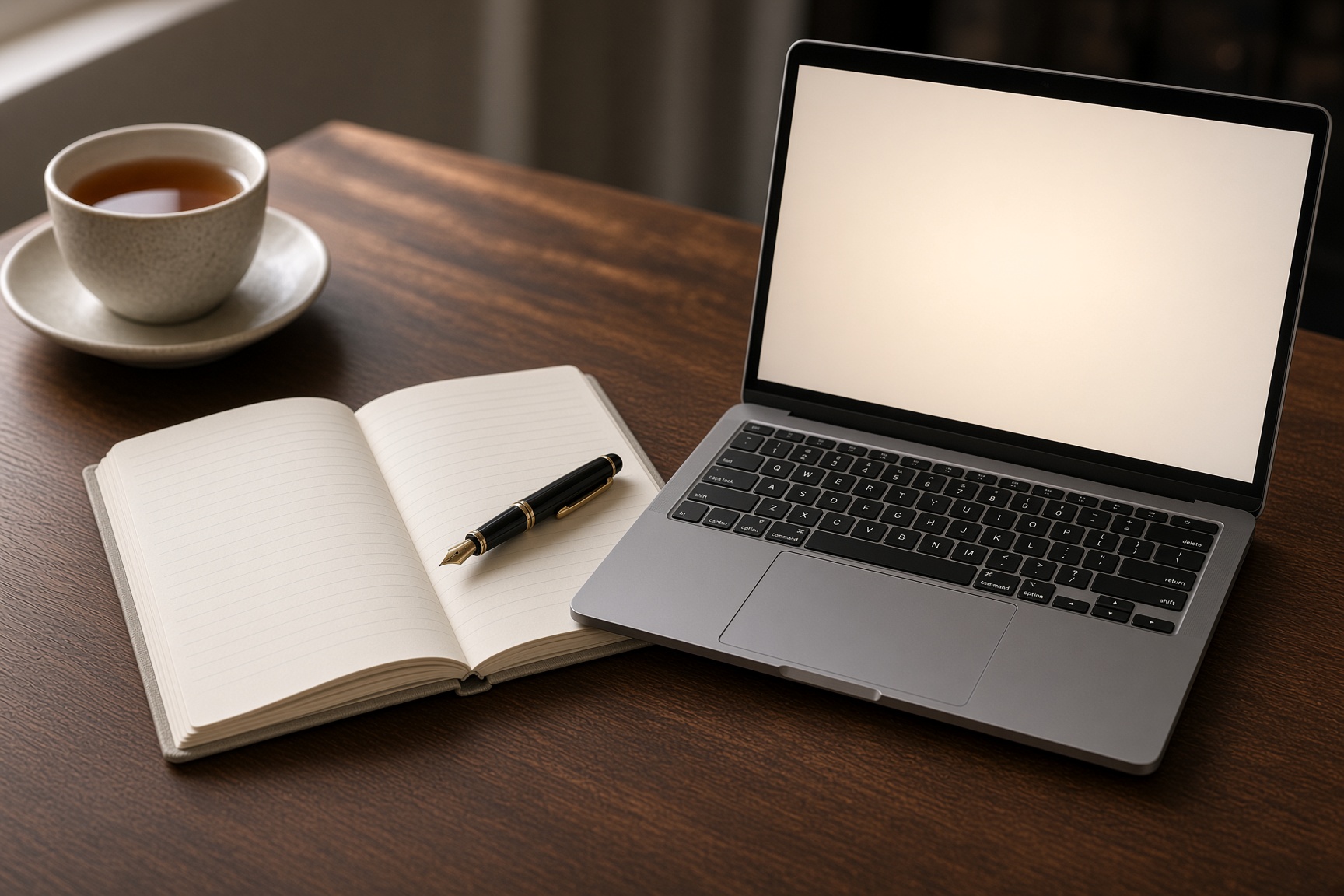 Notebook aberto ao lado de um caderno, para a sessão online.